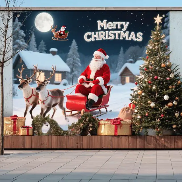 Alt view image 6 of 7 - Santa Sleigh Backdrop Snowman Decorations 8 x 6 FT | Christmas Backdrop Holiday Party Banner Santa Sleigh Decor Snowman Display for Wall Photo Booth Home Reindeer