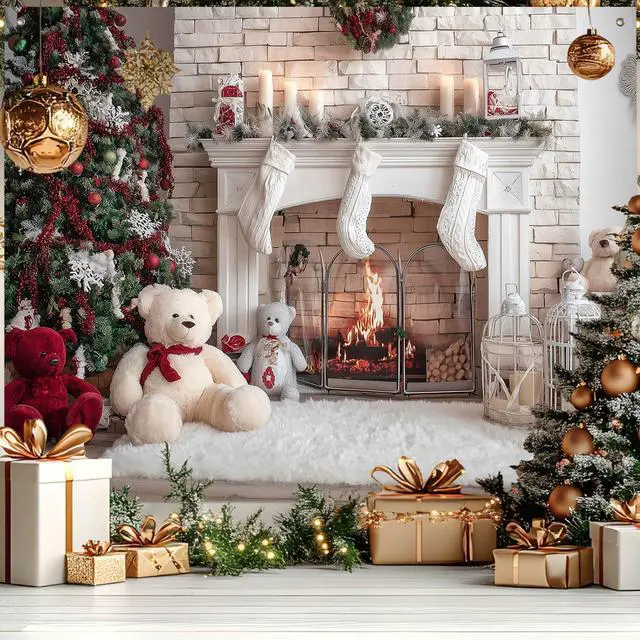 Main image of Christmas Fireplace Backdrop Tree Decorations 8 x 6 FT | Christmas Backdrop Holiday Banner Cozy Decor Christmas Tree Display for Home Wall Photo Booth Teddy Bears