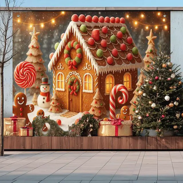 Alt view image 6 of 7 - Gingerbread Christmas Backdrop Candy Cane Decorations 8 x 6 FT | Christmas Backdrop Holiday Banner Gingerbread Decor Candy Cane Display for Photo Booth Home Wall Snowman