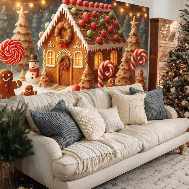 Alt view image 5 of 7 - Gingerbread Christmas Backdrop Candy Cane Decorations 8 x 6 FT | Christmas Backdrop Holiday Banner Gingerbread Decor Candy Cane Display for Photo Booth Home Wall Snowman