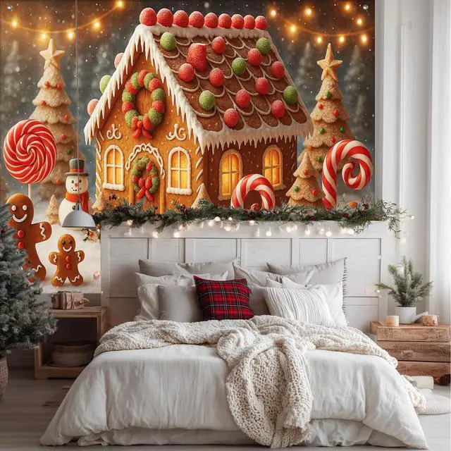 Alt view image 3 of 7 - Gingerbread Christmas Backdrop Candy Cane Decorations 8 x 6 FT | Christmas Backdrop Holiday Banner Gingerbread Decor Candy Cane Display for Photo Booth Home Wall Snowman