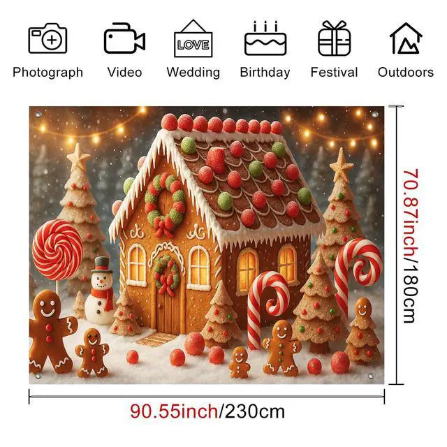 Alt view image 4 of 7 - Gingerbread Christmas Backdrop Candy Cane Decorations 8 x 6 FT | Christmas Backdrop Holiday Banner Gingerbread Decor Candy Cane Display for Photo Booth Home Wall Snowman