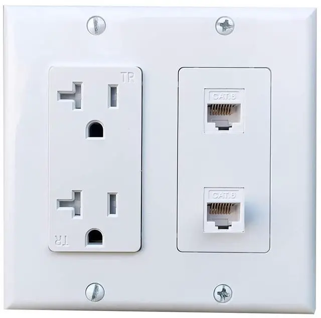 Main image of 20Amp Power Outlet with 2 CAT6 Ethernet Port - Double Gang Ethernet and Power Outlet Cover Plate with 2 CAT6 RJ45 Keystone Jack - White