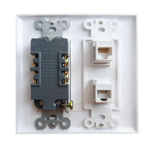 Alt view image 2 of 6 - 20Amp Power Outlet with 2 CAT6 Ethernet Port - Double Gang Ethernet and Power Outlet Cover Plate with 2 CAT6 RJ45 Keystone Jack - White