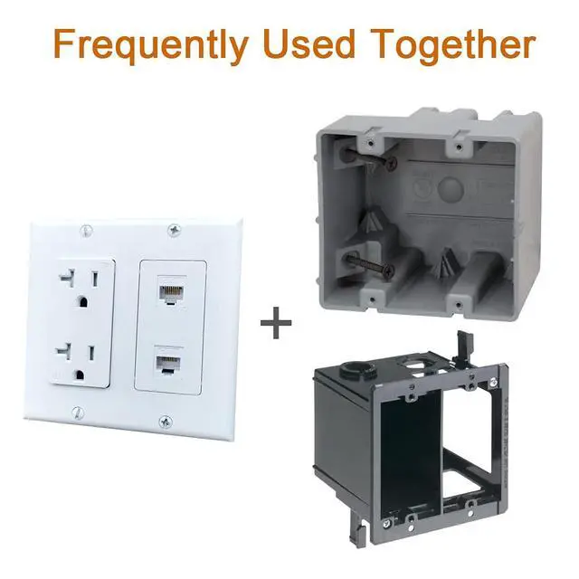 Alt view image 6 of 6 - 20Amp Power Outlet with 2 CAT6 Ethernet Port - Double Gang Ethernet and Power Outlet Cover Plate with 2 CAT6 RJ45 Keystone Jack - White