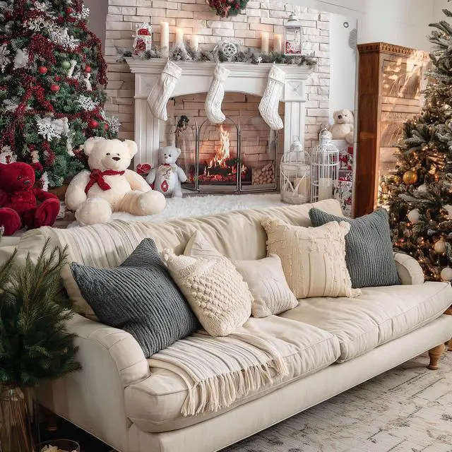 Alt view image 5 of 7 - Christmas Fireplace Backdrop Tree Decorations 8 x 6 FT | Christmas Backdrop Holiday Banner Cozy Decor Christmas Tree Display for Home Wall Photo Booth Teddy Bears