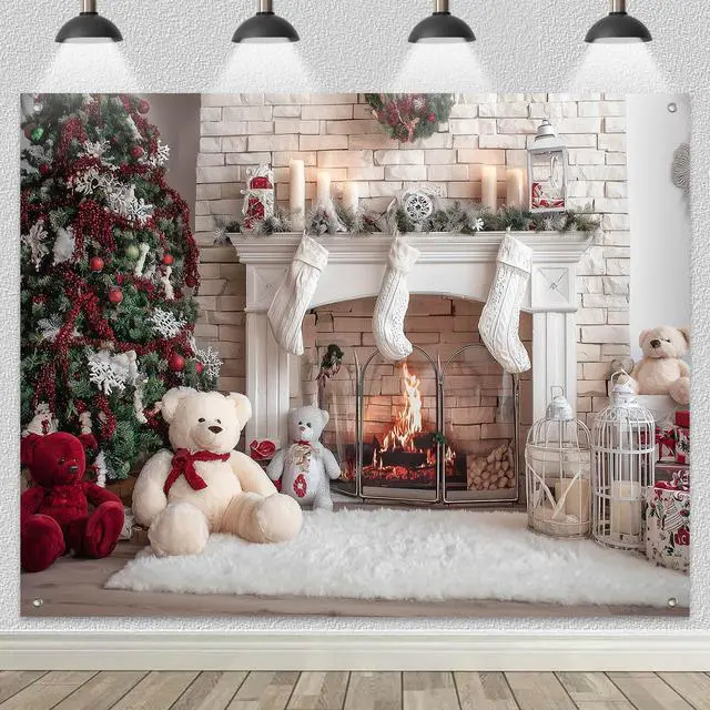 Alt view image 2 of 7 - Christmas Fireplace Backdrop Tree Decorations 8 x 6 FT | Christmas Backdrop Holiday Banner Cozy Decor Christmas Tree Display for Home Wall Photo Booth Teddy Bears