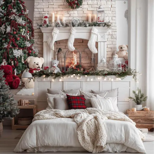 Alt view image 3 of 7 - Christmas Fireplace Backdrop Tree Decorations 8 x 6 FT | Christmas Backdrop Holiday Banner Cozy Decor Christmas Tree Display for Home Wall Photo Booth Teddy Bears