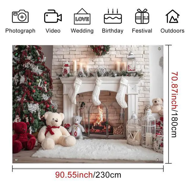 Alt view image 4 of 7 - Christmas Fireplace Backdrop Tree Decorations 8 x 6 FT | Christmas Backdrop Holiday Banner Cozy Decor Christmas Tree Display for Home Wall Photo Booth Teddy Bears
