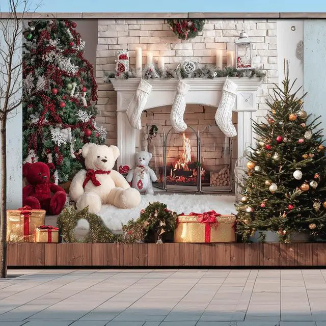 Alt view image 6 of 7 - Christmas Fireplace Backdrop Tree Decorations 8 x 6 FT | Christmas Backdrop Holiday Banner Cozy Decor Christmas Tree Display for Home Wall Photo Booth Teddy Bears