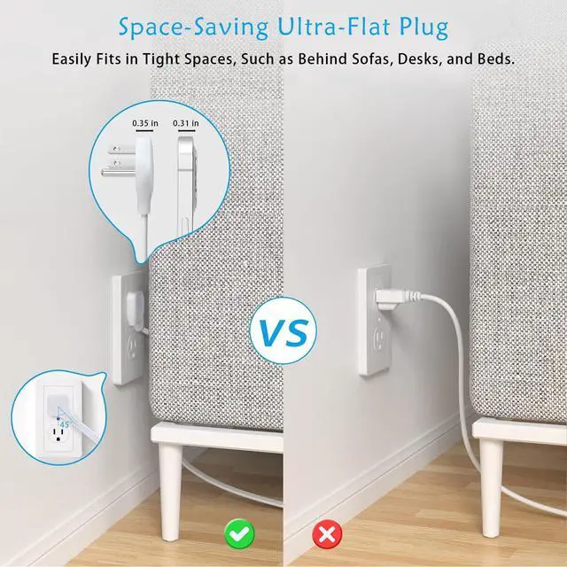 Alt view image 3 of 6 - 67W Fast Charging Port Power Socket, 5.8 Feet Flat Extension Cord with 8 Outlets and 4 USB (2 USB-C) Fast Charging Ports, Essential for Office, Home, and Dormitory