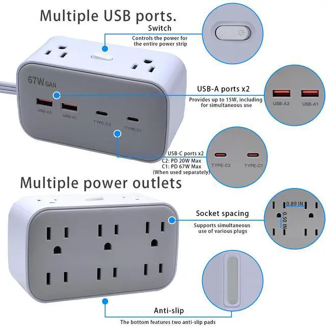 Alt view image 2 of 6 - 67W Fast Charging Port Power Socket, 5.8 Feet Flat Extension Cord with 8 Outlets and 4 USB (2 USB-C) Fast Charging Ports, Essential for Office, Home, and Dormitory