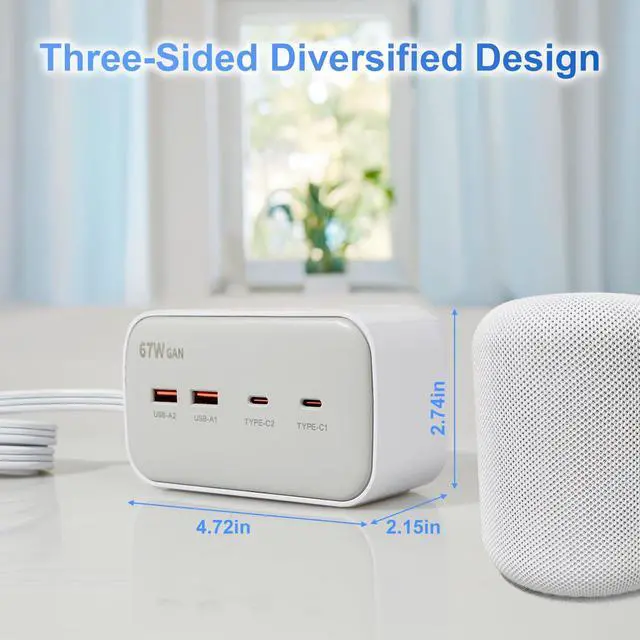 Alt view image 5 of 6 - 67W Fast Charging Port Power Socket, 5.8 Feet Flat Extension Cord with 8 Outlets and 4 USB (2 USB-C) Fast Charging Ports, Essential for Office, Home, and Dormitory