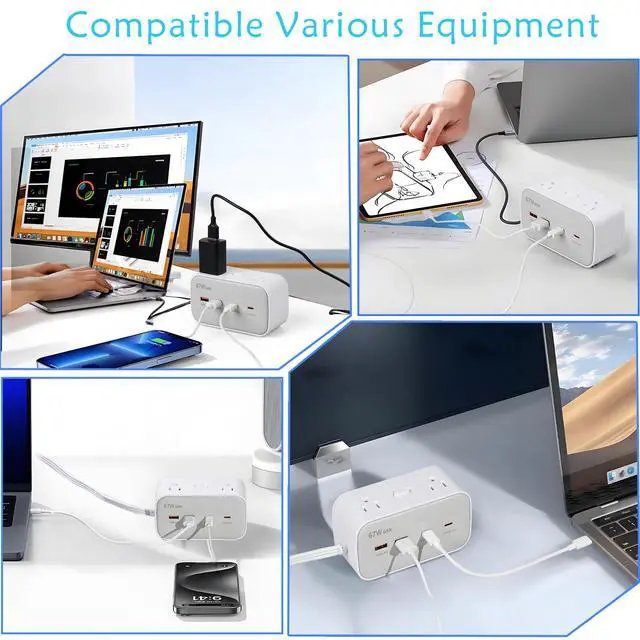 Alt view image 6 of 6 - 67W Fast Charging Port Power Socket, 5.8 Feet Flat Extension Cord with 8 Outlets and 4 USB (2 USB-C) Fast Charging Ports, Essential for Office, Home, and Dormitory