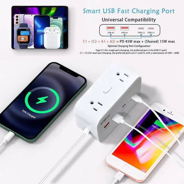 Alt view image 4 of 6 - 67W Fast Charging Port Power Socket, 5.8 Feet Flat Extension Cord with 8 Outlets and 4 USB (2 USB-C) Fast Charging Ports, Essential for Office, Home, and Dormitory