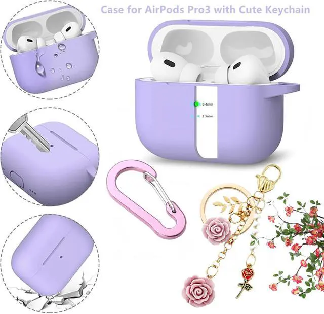 Alt view image 3 of 7 - for Airpods Pro 3 Case with Cute Keychain,Silicone Shockproof Protective Cover Charms Flowers for Apple Airpod Pro 3rd Generation Case Charging Headphone Case Cover for Women Girl (Purple)