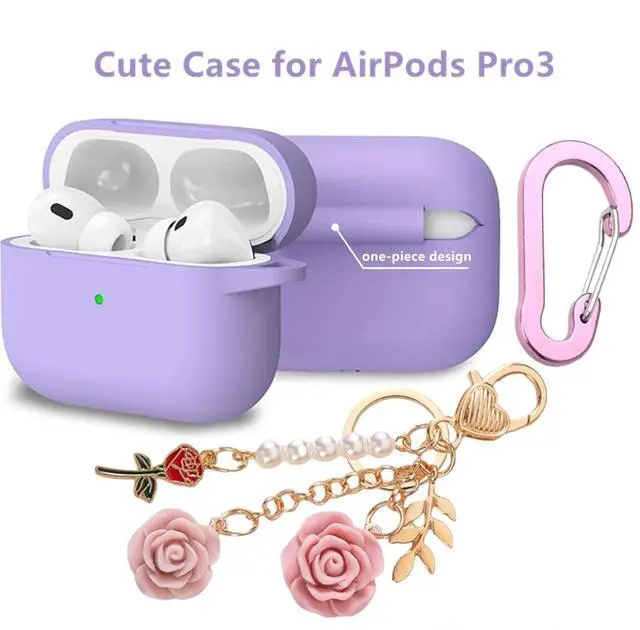 Alt view image 4 of 7 - for Airpods Pro 3 Case with Cute Keychain,Silicone Shockproof Protective Cover Charms Flowers for Apple Airpod Pro 3rd Generation Case Charging Headphone Case Cover for Women Girl (Purple)
