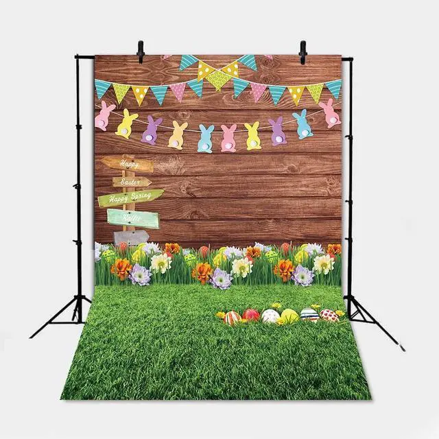 Main image of Spring Easter Decoration Backdrop 6x9FT Eggs Signpost Wooden Wall Flowers and Grass Photo Background Newborn Party Photography Banner Studio Props