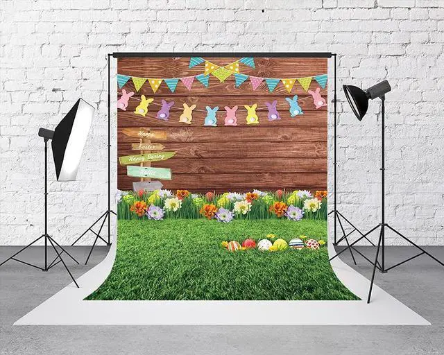 Alt view image 2 of 6 - Spring Easter Decoration Backdrop 6x9FT Eggs Signpost Wooden Wall Flowers and Grass Photo Background Newborn Party Photography Banner Studio Props
