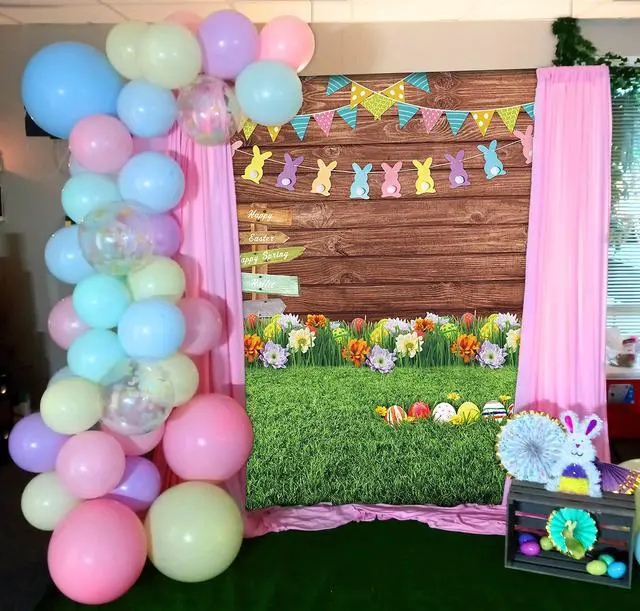 Alt view image 3 of 6 - Spring Easter Decoration Backdrop 6x9FT Eggs Signpost Wooden Wall Flowers and Grass Photo Background Newborn Party Photography Banner Studio Props