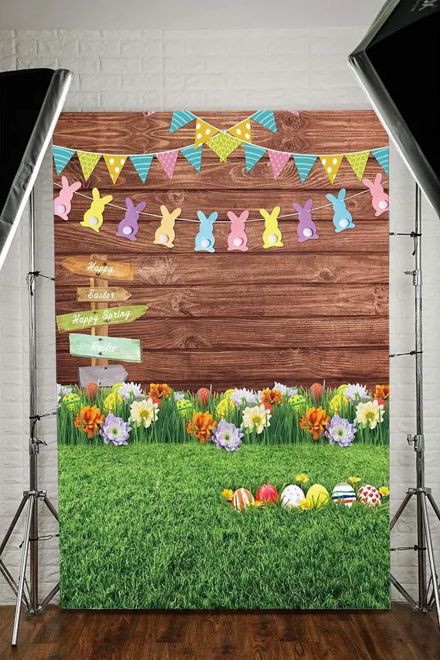Alt view image 4 of 6 - Spring Easter Decoration Backdrop 6x9FT Eggs Signpost Wooden Wall Flowers and Grass Photo Background Newborn Party Photography Banner Studio Props