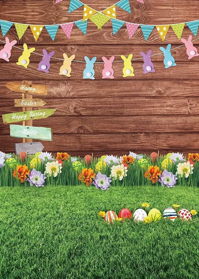 Alt view image 5 of 6 - Spring Easter Decoration Backdrop 6x9FT Eggs Signpost Wooden Wall Flowers and Grass Photo Background Newborn Party Photography Banner Studio Props