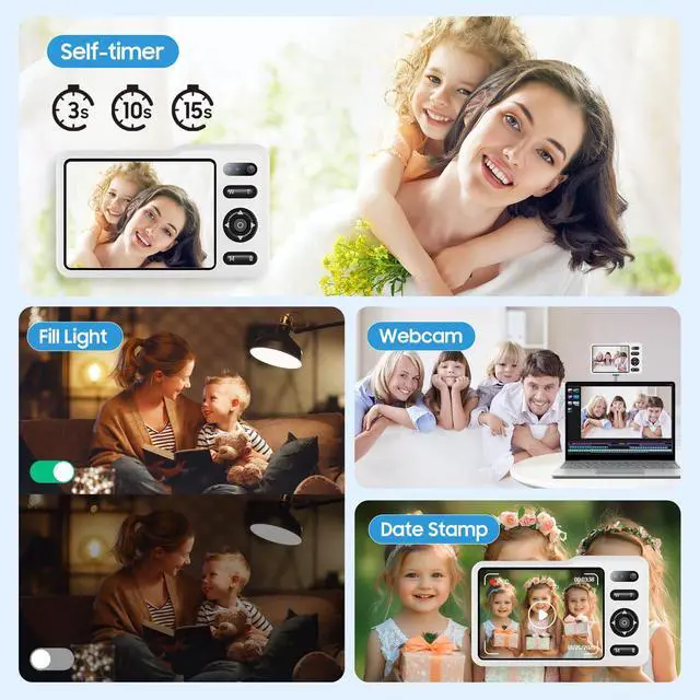 Alt view image 5 of 6 - Digital Camera, 64MP Dual Lens Autofocus Point and Shoot Digital Camera, 16x Zoom Vlogging Camera with 2 Batteries, Portable Rechargeable Small Camera for Kids Teens (White)