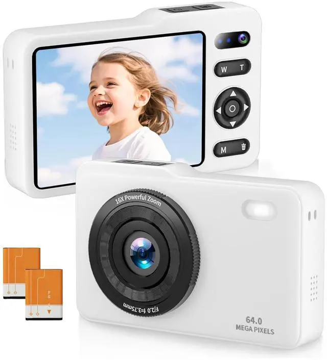 Main image of Digital Camera, 64MP Dual Lens Autofocus Point and Shoot Digital Camera, 16x Zoom Vlogging Camera with 2 Batteries, Portable Rechargeable Small Camera for Kids Teens (White)