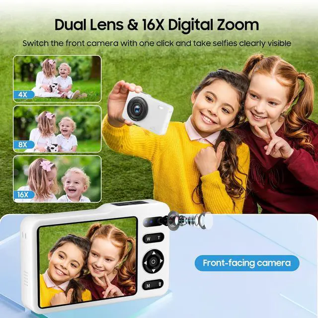 Alt view image 2 of 6 - Digital Camera, 64MP Dual Lens Autofocus Point and Shoot Digital Camera, 16x Zoom Vlogging Camera with 2 Batteries, Portable Rechargeable Small Camera for Kids Teens (White)