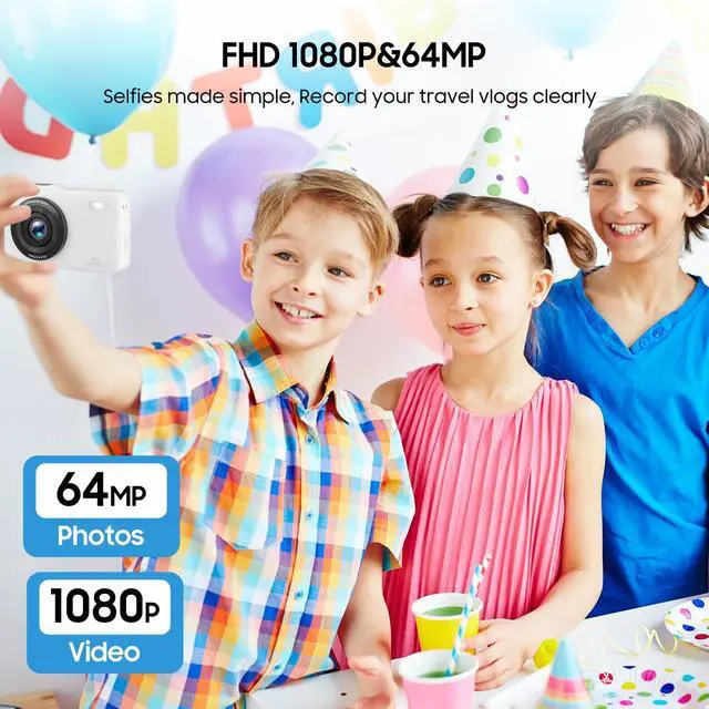 Alt view image 6 of 6 - Digital Camera, 64MP Dual Lens Autofocus Point and Shoot Digital Camera, 16x Zoom Vlogging Camera with 2 Batteries, Portable Rechargeable Small Camera for Kids Teens (White)