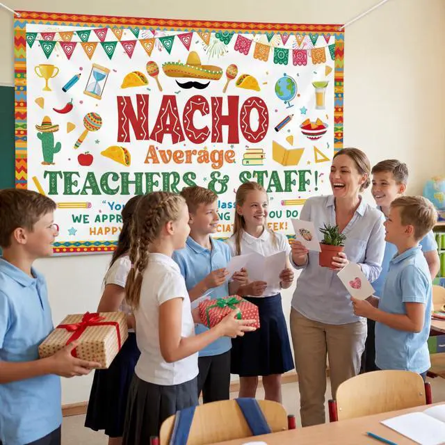Alt view image 3 of 6 - Teacher Appreciation Decorations Backdrop Nacho Average Banner Teacher 3 x 5 ft Cinco De Mayo Thank You Teachers Decor for School Classroom Staff Appreciation Party Decorations