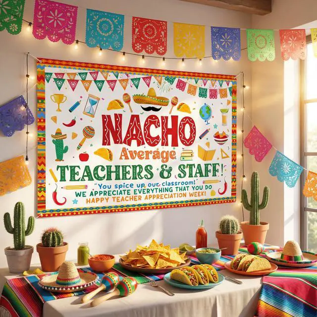 Alt view image 5 of 6 - Teacher Appreciation Decorations Backdrop Nacho Average Banner Teacher 3 x 5 ft Cinco De Mayo Thank You Teachers Decor for School Classroom Staff Appreciation Party Decorations
