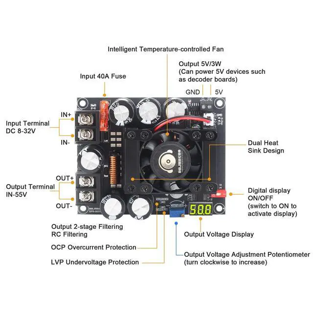 Alt view image 2 of 6 - 900W High Power DC Boost Converter 8-32V to 55V Adjustable Step-Up Voltage Regulator Module for Audio Amplifier DIY Speaker System