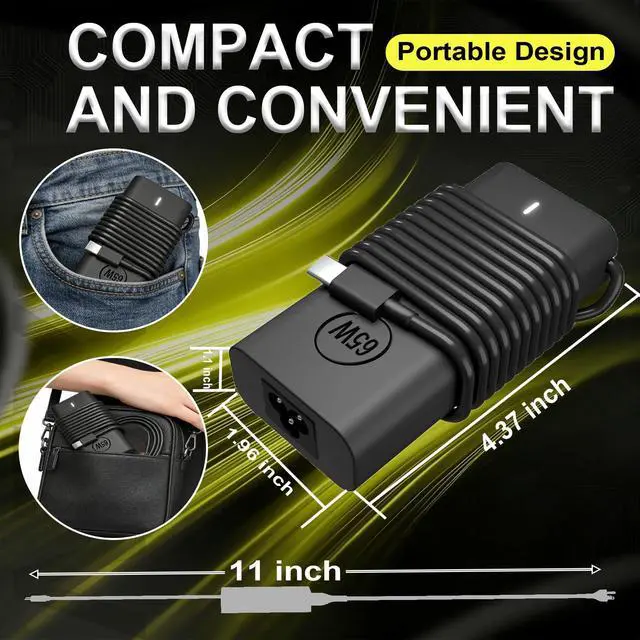 Alt view image 5 of 7 - Replacement for Dell 65W Laptop Charger USB C; Compatible with Chromebook 3100 3110 5400 Latitude 5420 5430 5440 5450 5520 5540 7410 7420 XPS 13 20V 3.25A Type C Power Supply Adapter Cord