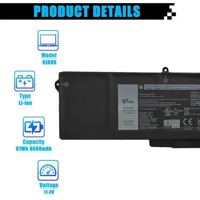 Alt view image 2 of 7 - 9JRV0 Laptop Battery Replacement for Dell Latitude 5521 5531 Precision 3561 3571 3581 Alienware m17 R5 AMD/Alienware m18 R1 AMD Series 0P3TJ 0R05P0 05RGW 97Wh