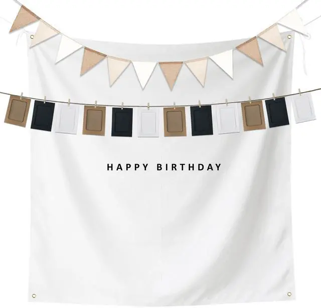 Main image of 5x5ft Happy Birthday Cloth Backdrop Boho Plain Birthday Backdrop Set | 12 Photo Frames Garland, Pennant Banner Fabric Minimalist Birthday Party Decorations Photo Sign 59x59in for Yard Wall Decor