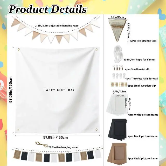 Alt view image 2 of 6 - 5x5ft Happy Birthday Cloth Backdrop Boho Plain Birthday Backdrop Set | 12 Photo Frames Garland, Pennant Banner Fabric Minimalist Birthday Party Decorations Photo Sign 59x59in for Yard Wall Decor