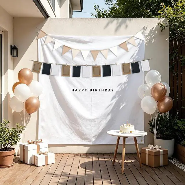 Alt view image 3 of 6 - 5x5ft Happy Birthday Cloth Backdrop Boho Plain Birthday Backdrop Set | 12 Photo Frames Garland, Pennant Banner Fabric Minimalist Birthday Party Decorations Photo Sign 59x59in for Yard Wall Decor