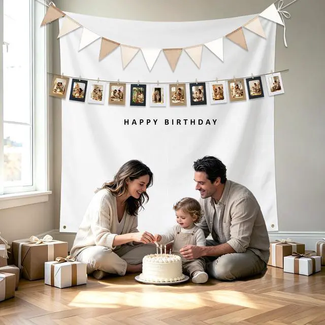 Alt view image 4 of 6 - 5x5ft Happy Birthday Cloth Backdrop Boho Plain Birthday Backdrop Set | 12 Photo Frames Garland, Pennant Banner Fabric Minimalist Birthday Party Decorations Photo Sign 59x59in for Yard Wall Decor