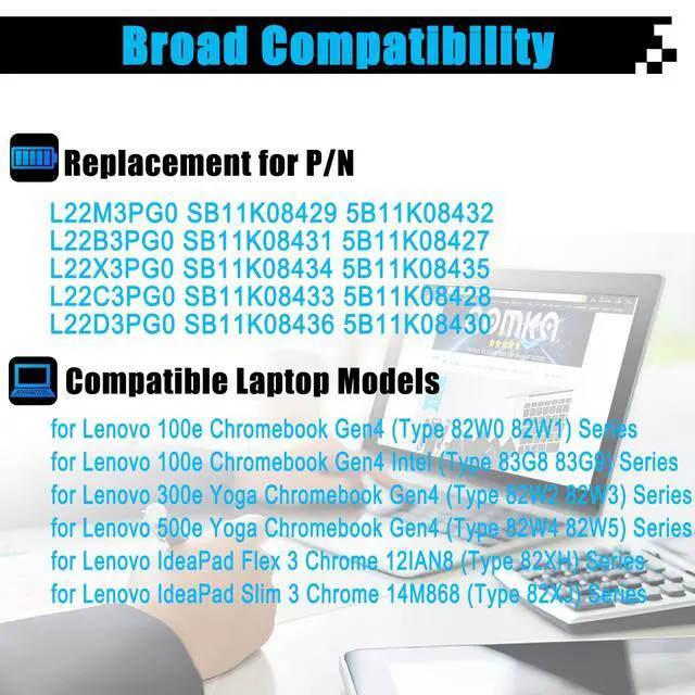 Alt view image 3 of 7 - L22D3PG0 SB11K08436 Battery Replacement for Lenovo 100e Chromebook Gen4 300e 500e Yoga Chromebook Gen4 IP Flex 3 Chrome 12IAN8 Slim 3 Chrome 14M868 Series L22M3PG0 L22B3PG0 L22X3PG0 L22C3PG0 47Wh