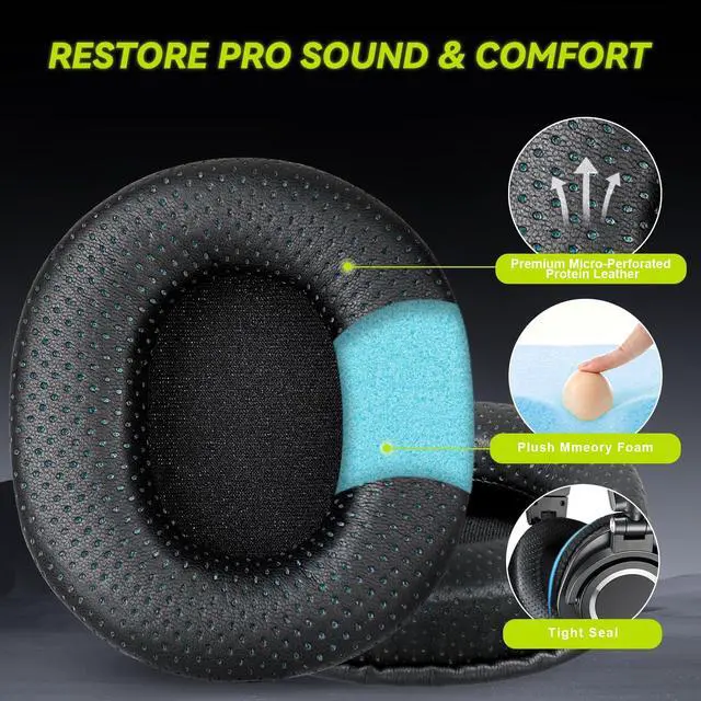 Alt view image 2 of 6 - Earpads Replacement for Audio Technica ATH M50X M50xBT2 M50xLAB M40X M30X M20X MSR7 SX1 Monitor Headphones, Ear Pads Cushions with Softer Protein Leather, High-Density Foam (Perforated-Black)