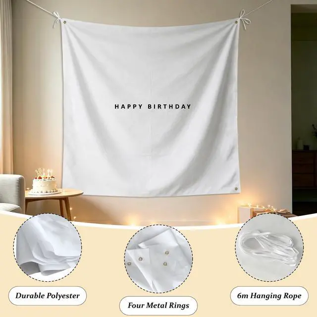 Alt view image 5 of 6 - 5x5ft Happy Birthday Cloth Backdrop Boho Plain Birthday Backdrop Set | 12 Photo Frames Garland, Pennant Banner Fabric Minimalist Birthday Party Decorations Photo Sign 59x59in for Yard Wall Decor