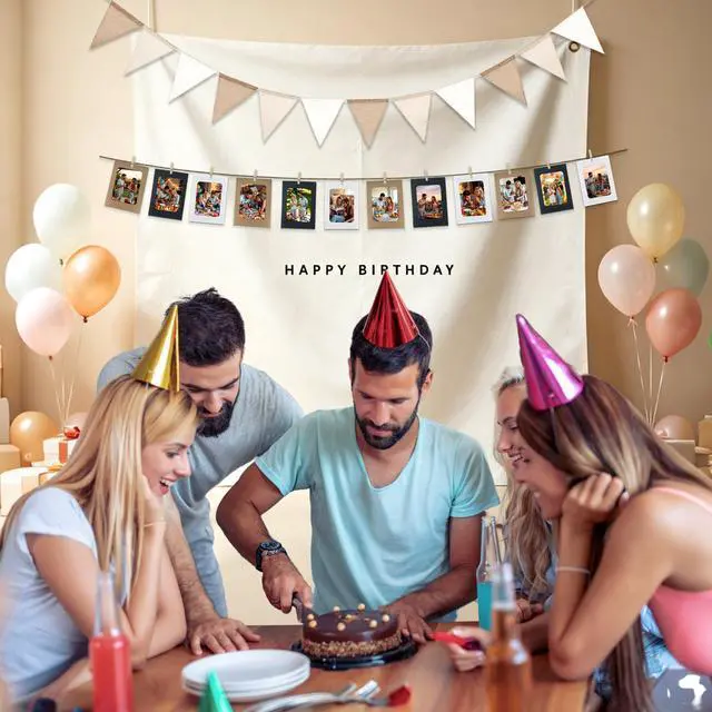Alt view image 6 of 6 - 5x5ft Happy Birthday Cloth Backdrop Boho Plain Birthday Backdrop Set | 12 Photo Frames Garland, Pennant Banner Fabric Minimalist Birthday Party Decorations Photo Sign 59x59in for Yard Wall Decor