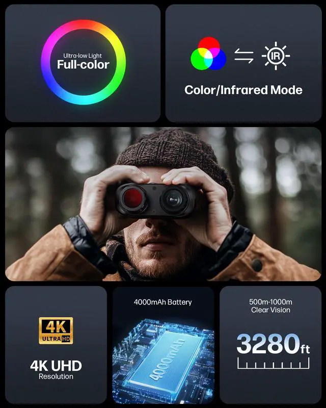 Alt view image 2 of 6 - 4K Night Vision Binoculars for Adults Full-Color Infrared, 8X Zoom, 1000m Long Range, 36MP Photos & 4K Video, 3.2" Screen, 4000mAh Rechargeable Battery, 32GB Card, For Hunting, Camping & Security