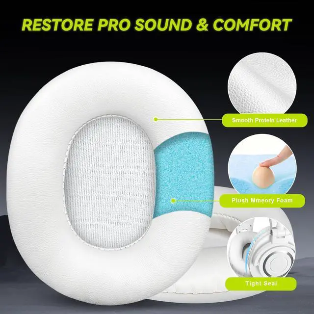 Alt view image 2 of 6 - Earpads Replacement for Audio Technica ATH M50X M50xBT2 M50xLAB M40X M30X M20X MSR7 SX1 Monitor Headphones, Ear Pads Cushions with Softer Protein Leather, High-Density Foam (White)