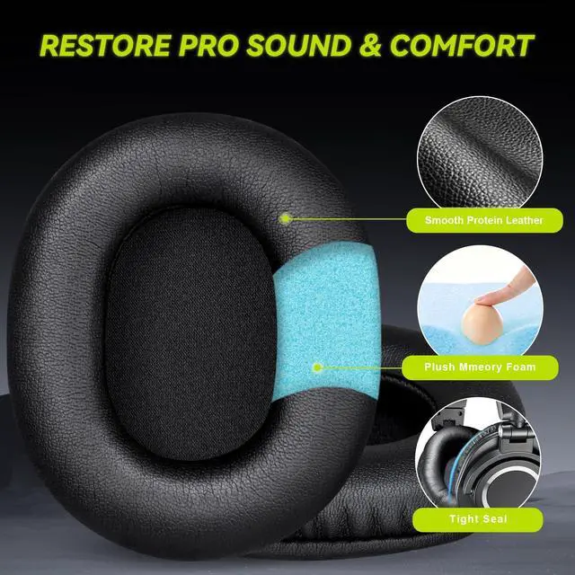 Alt view image 2 of 6 - Earpads Replacement for Audio Technica ATH M50X M50xBT2 M50xLAB M40X M30X M20X MSR7 SX1 Monitor Headphones, Ear Pads Cushions with Softer Protein Leather, High-Density Foam (Black)