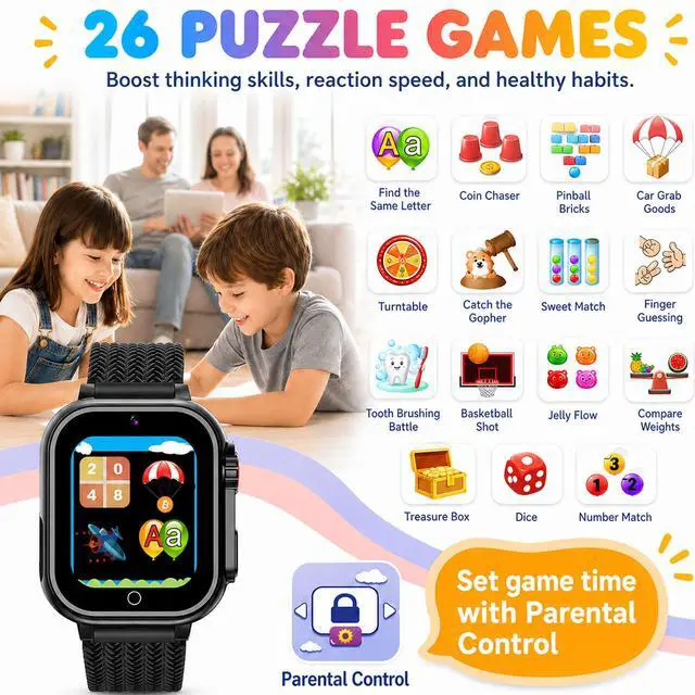 Alt view image 3 of 6 - Kids Smart Watch for Boys Girls 1.54" Smartwatch Black | 26 Puzzle Games, Camera, Video Player, Pedometer, Flashlight, Educational Gift for Kids Ages 4-12