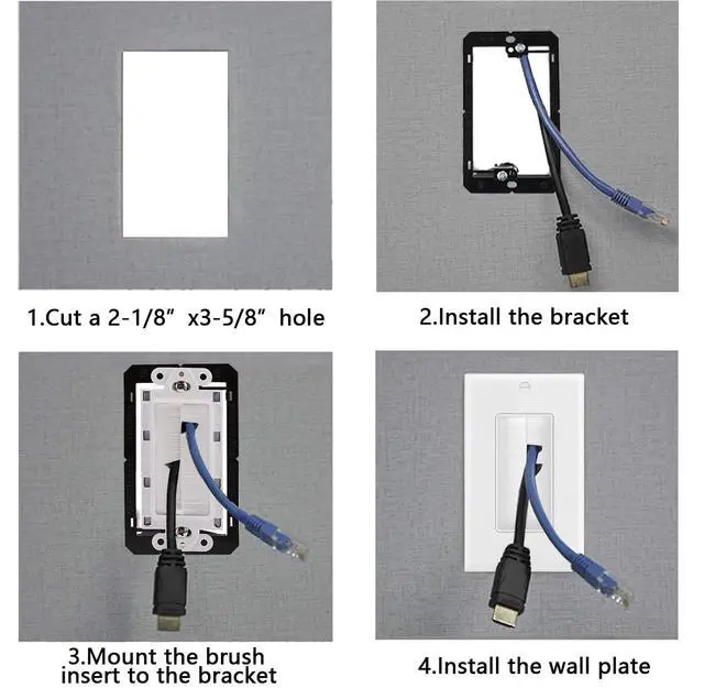 Alt view image 4 of 5 - Sing Gang Brush Wall Plate with Low Voltage Mounting Bracket, 2 Pack, Pass Through Faceplate for Speaker Wire, Coaxial Cable, HDMI/HDTV Cable, Network/Phone Cable, White
