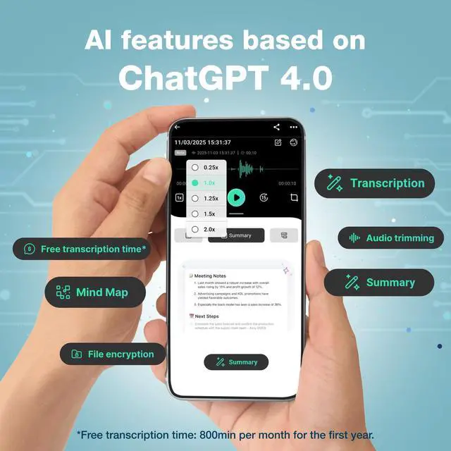 Alt view image 3 of 6 - L813 AI Voice Recorder with AI Technology 128GB, USB-C Charging | Dual Mics, Noise Canceling, Transcription, File Security, Compact Design for Work, Study, and Interviews