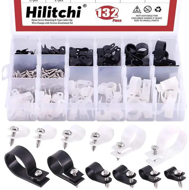 Main image of 132 Pcs 6 Sizes Black and White Plastic Cable Clamp R Type Screw Mounting Cord Fastener Cable Clips Assortment Kit with Screws for Wire Management Cable Conduit (Clips from 6mm to 23mm)